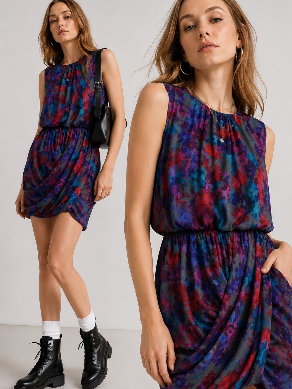 Tibi Genevieve Draped Silk Dress – Abstract Watercolor Floral Print Silk Dress